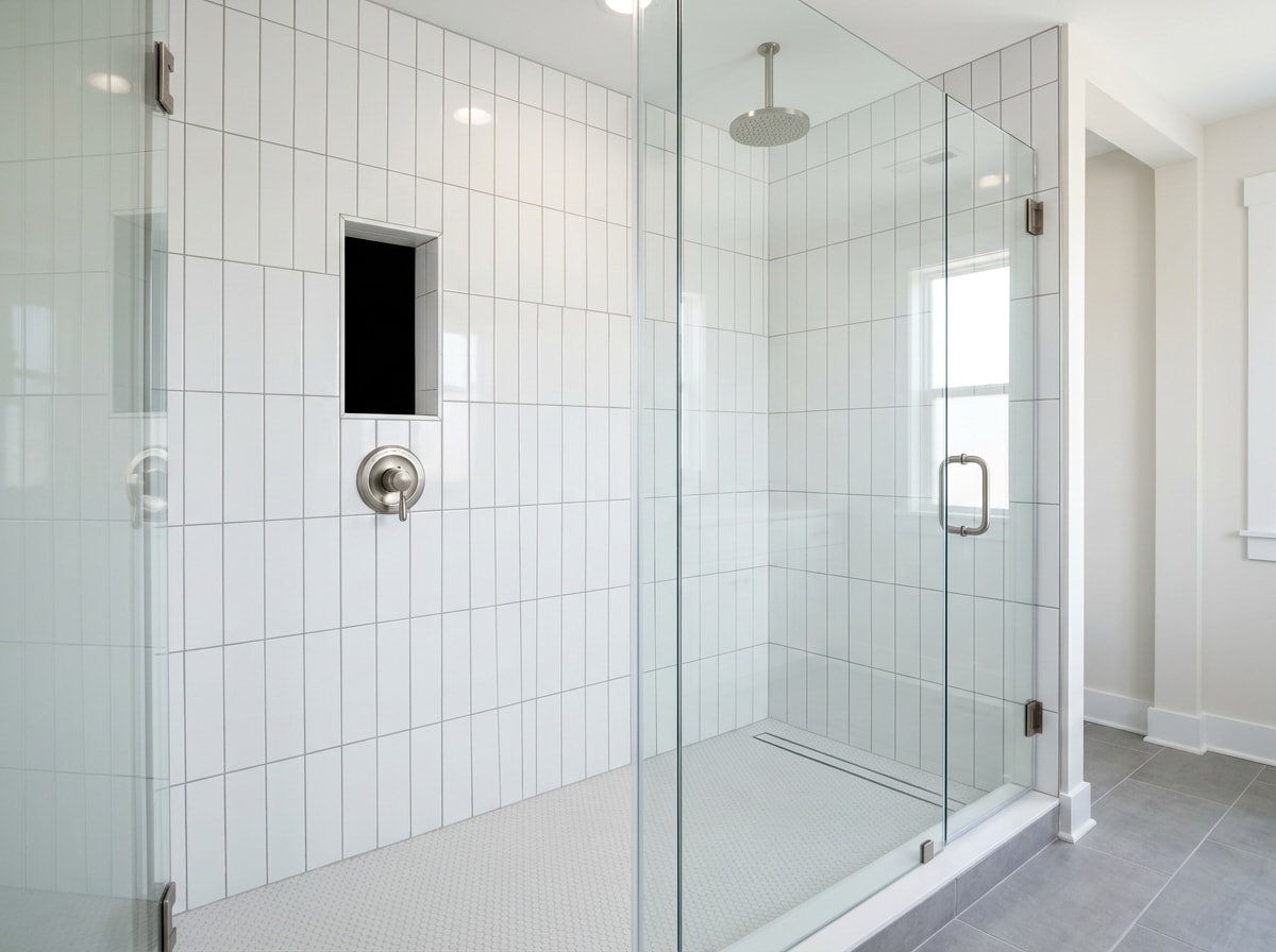 Finished walk-in shower with frameless glass panel and tiled recessed niche in a Queen Creek bathroom