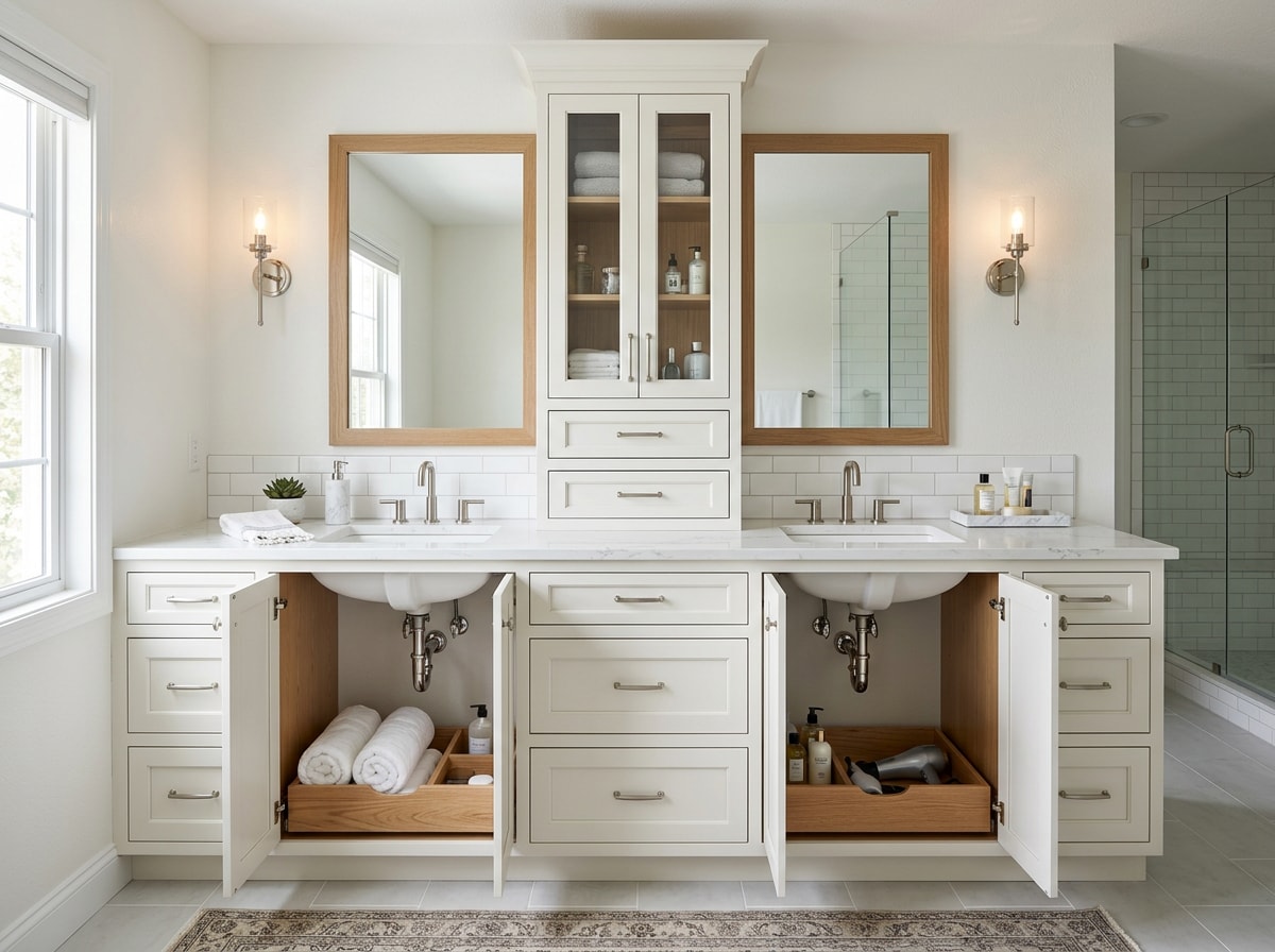 Double vanity with quartz countertop and storage tower in a remodeled Queen Creek bathroom