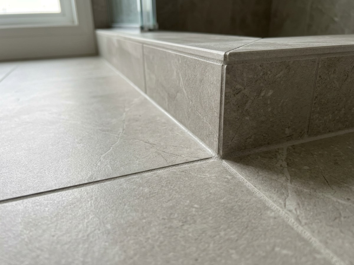 Large-format porcelain tile detail showing tight grout joints at a shower-to-floor transition