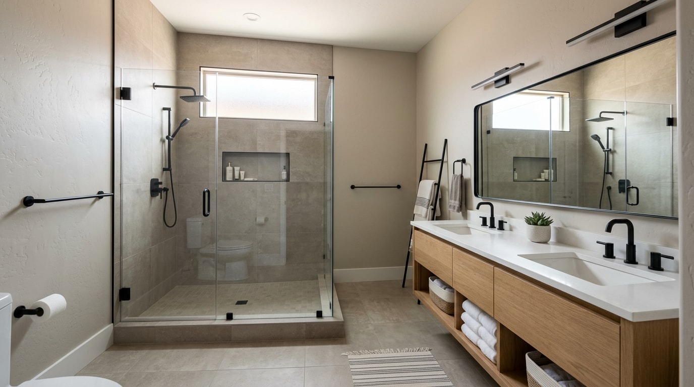 Remodeled primary bathroom in Queen Creek, AZ with frameless glass walk-in shower and double vanity