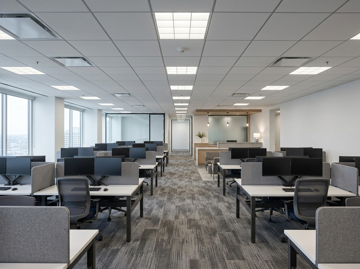 Completed office renovation interior in Glendale, AZ with open workstations and new recessed lighting