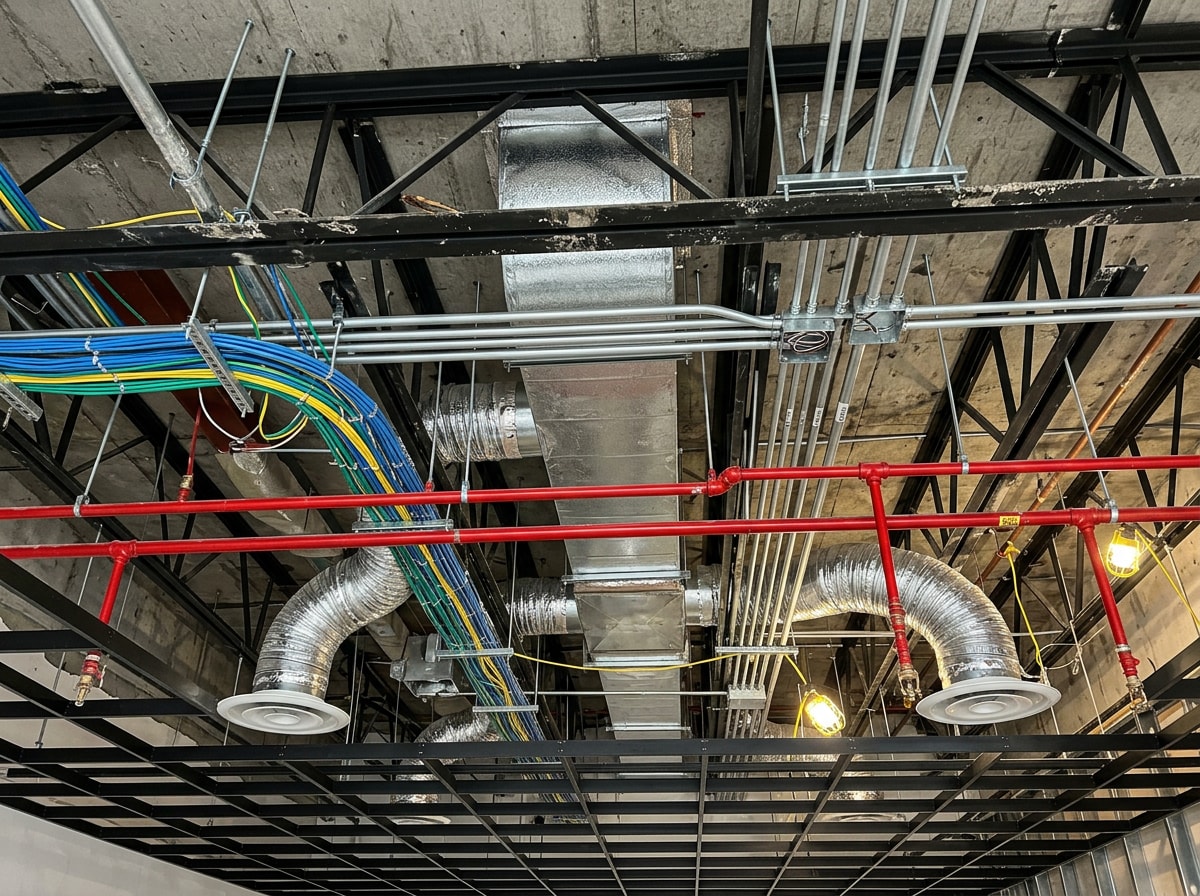 Ceiling rough-in showing HVAC ductwork, conduit, and sprinkler piping above an office renovation
