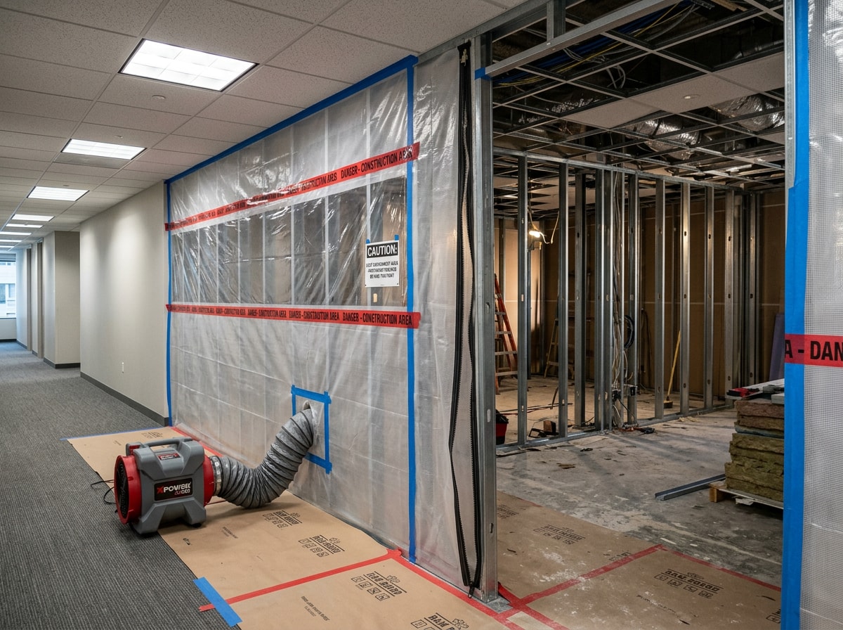 Active office jobsite with sealed plastic dust containment separating the work zone from occupied space
