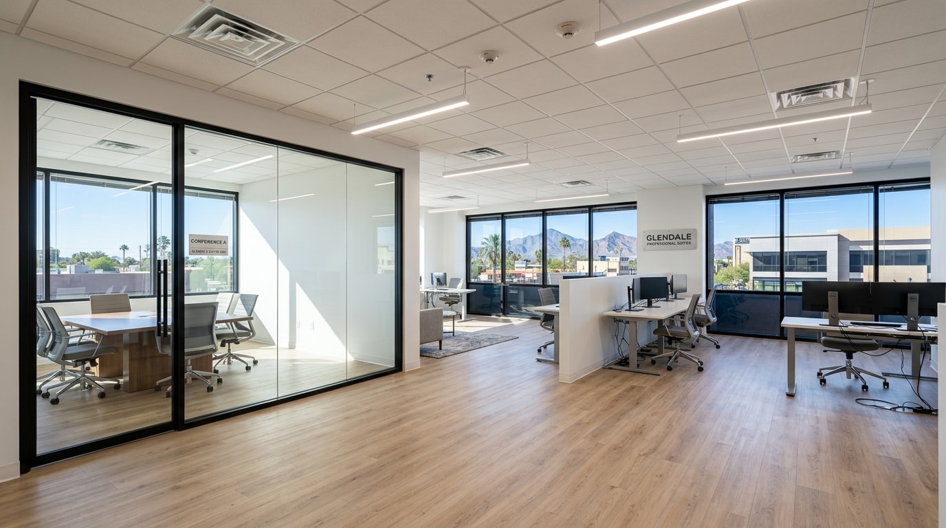 Finished open-plan office renovation with glass conference room and new lighting in Glendale, AZ