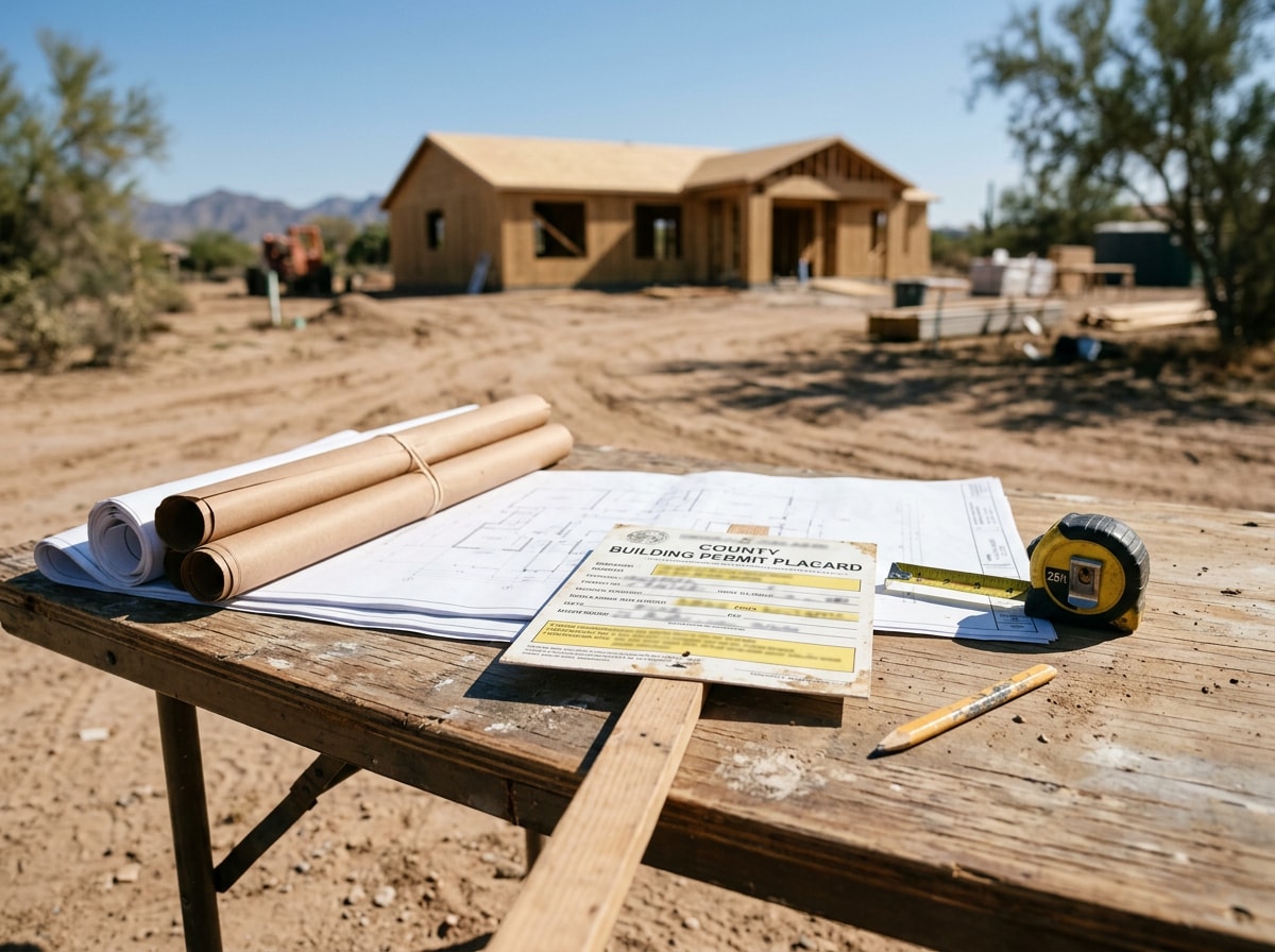 Licensed general contractor plans and permit documents laid out on a Gold Canyon job site table