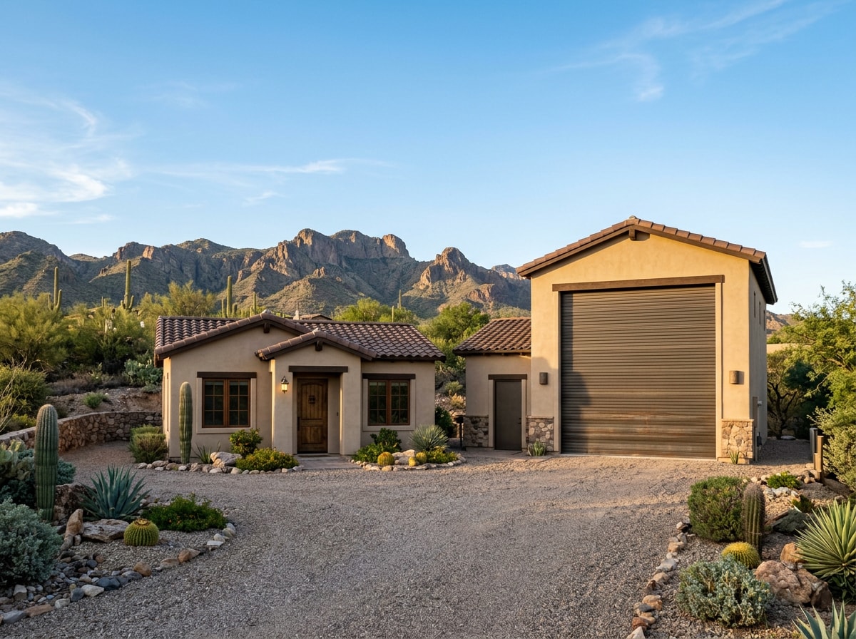 Detached casita and oversized RV garage on a desert property in Gold Canyon Arizona