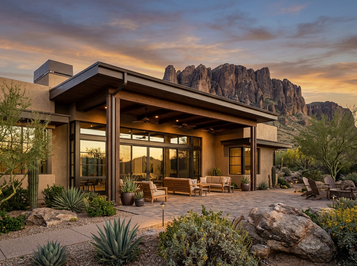 Custom desert home exterior with deep shaded patio and Superstition Mountains in the background