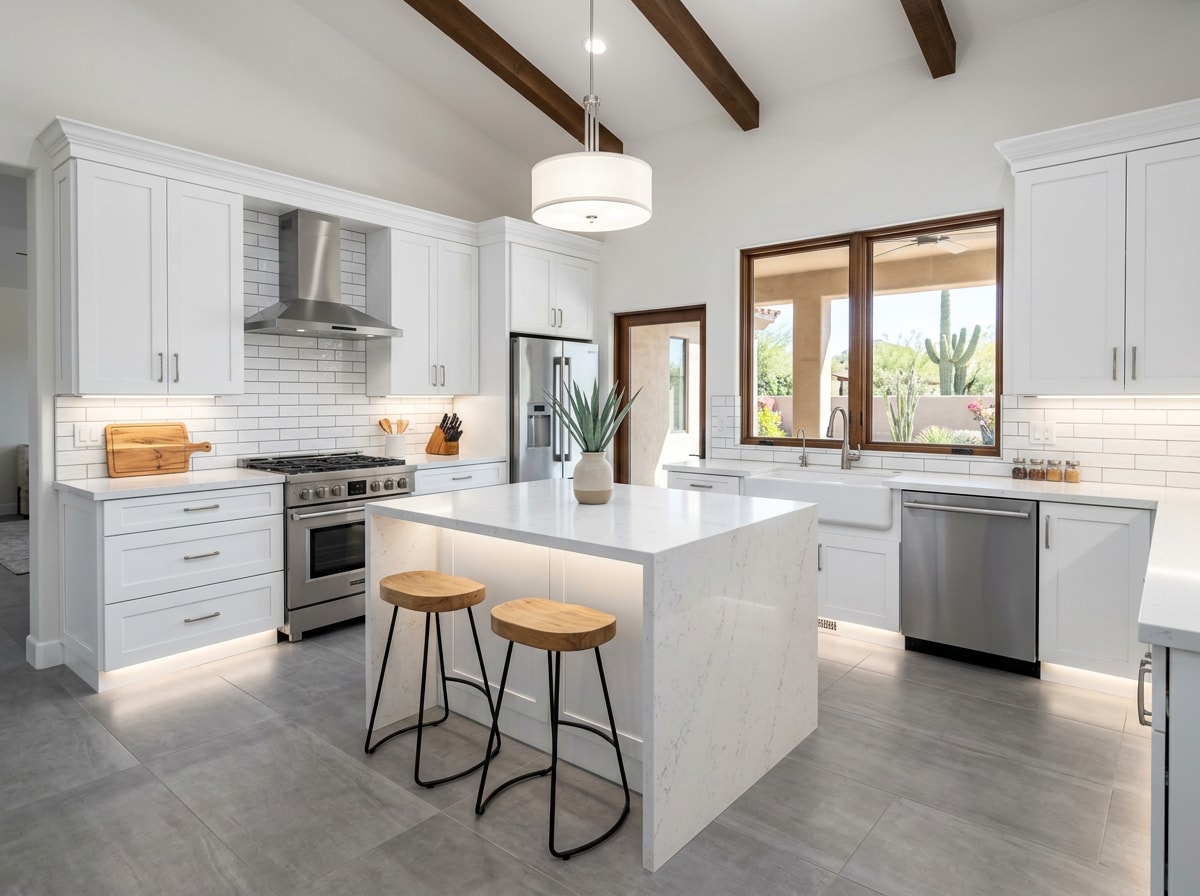 Completed kitchen remodel in Chandler AZ with custom cabinetry and quartz countertops