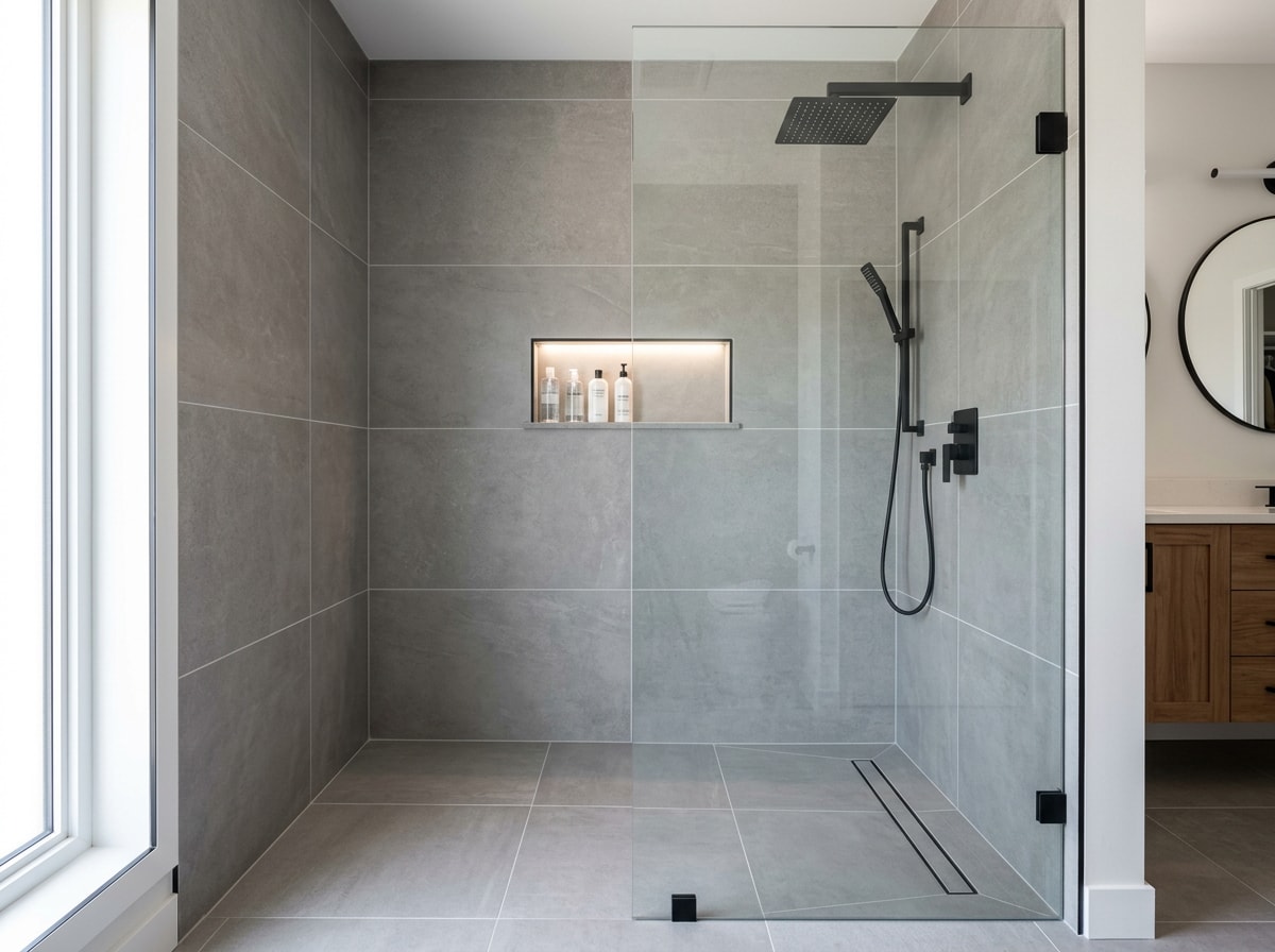 Walk-in tile shower with glass panel in a remodeled Chandler bathroom