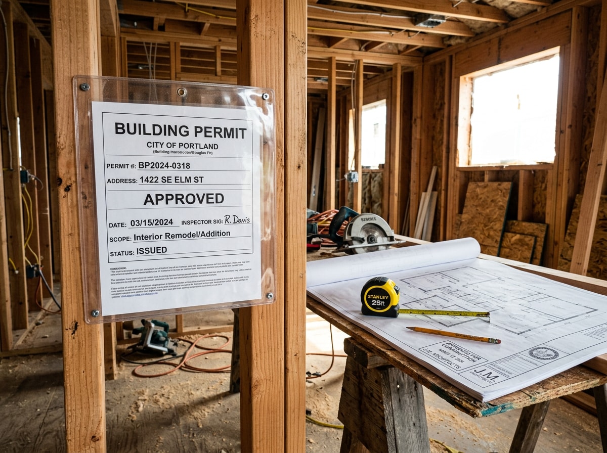 Approved building permit placard and stamped plan set on a Chandler remodel job site