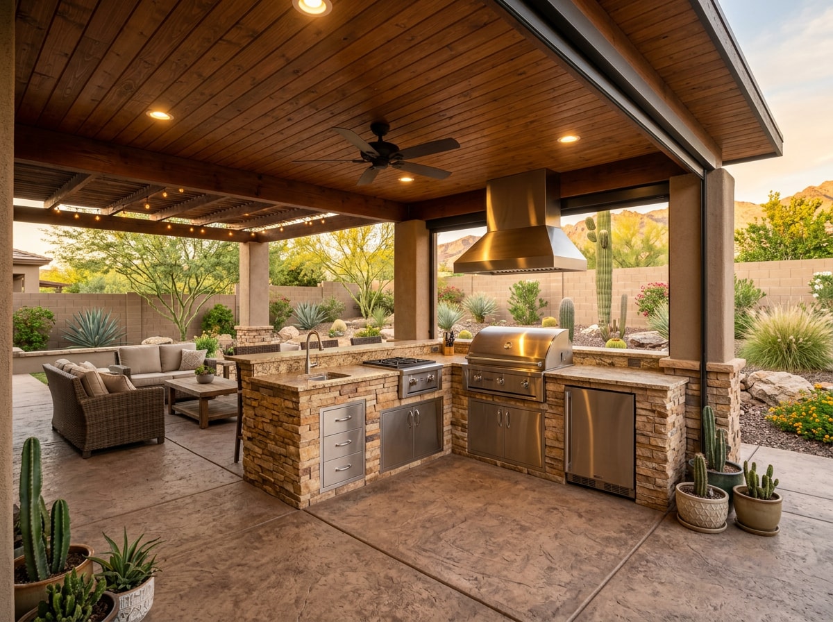 Covered patio enclosure with built-in outdoor kitchen completed in Chandler AZ