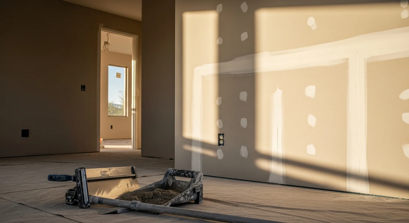 Drywall finishing and installation work on residential interior wall