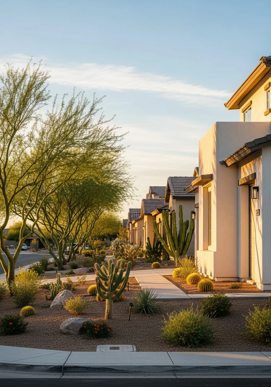 Team member in professional stance on Chandler property with residential homes and landscaping in background.