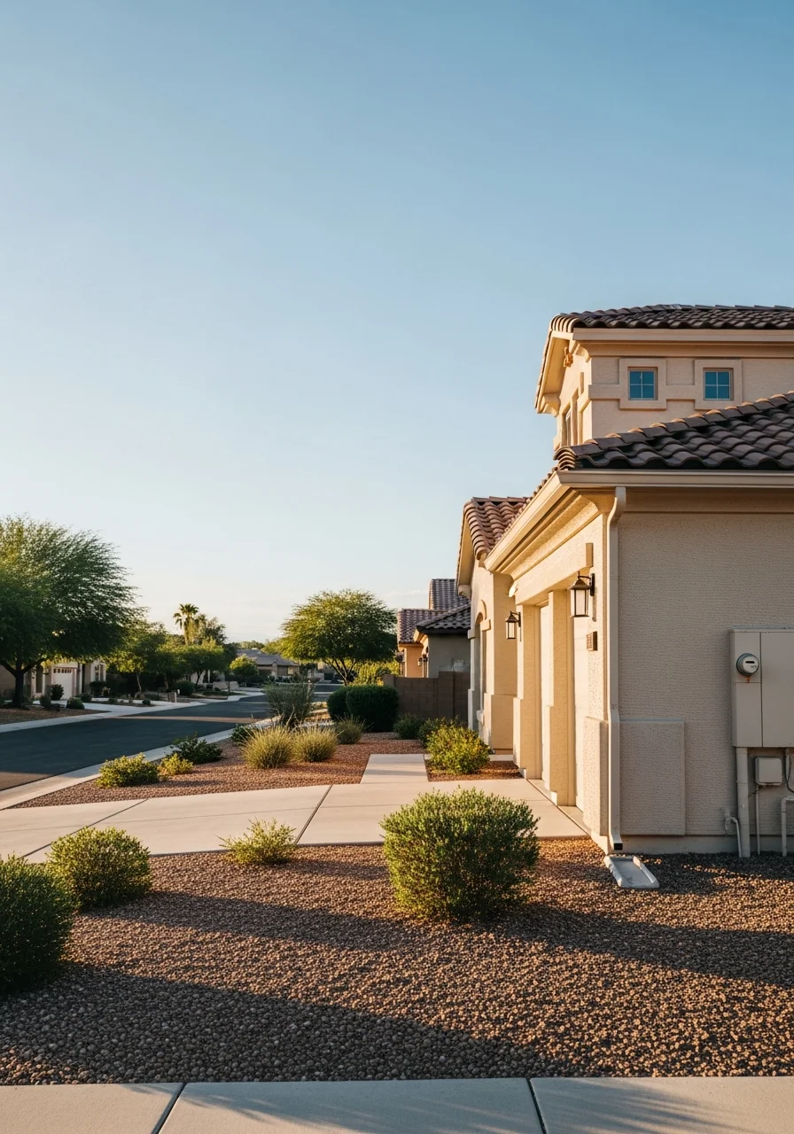 Professional tradesperson working on Gilbert home with neighborhood homes and community standards visible.