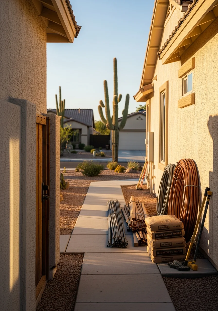Close-up of professional crew member in Mesa neighborhood setting with residential homes in background.