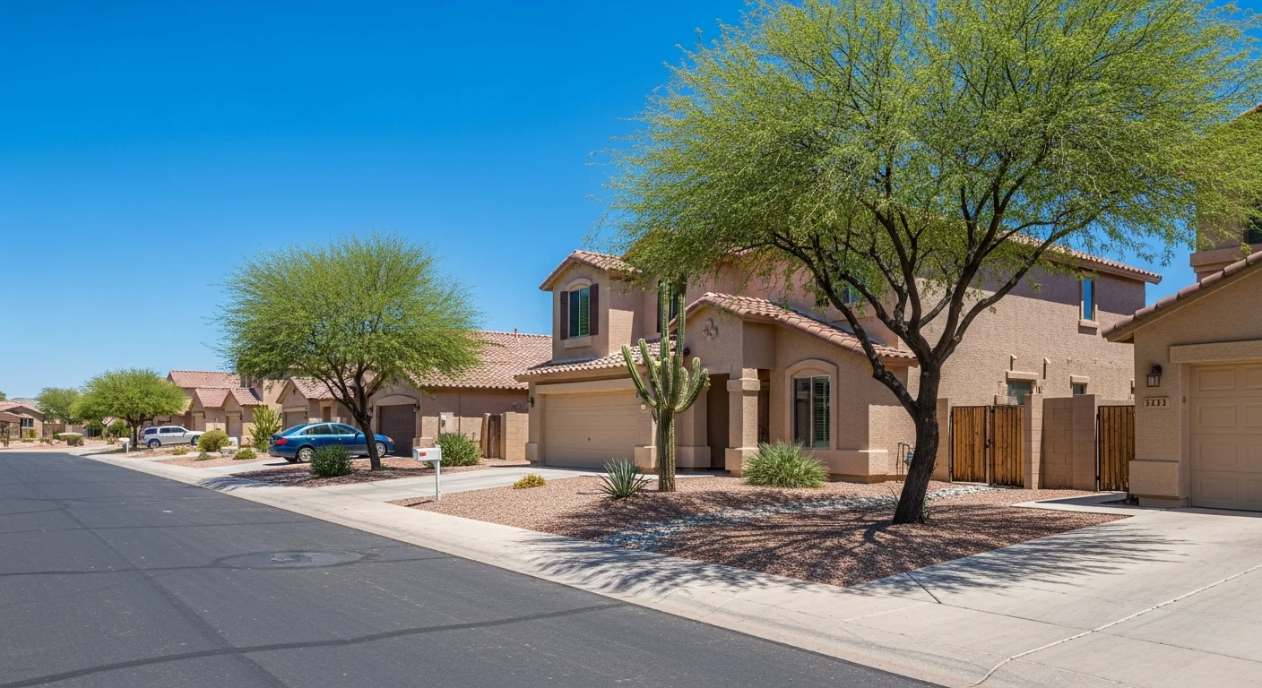 Wide view of Mesa residential street with varied home styles and mature landscaping under Arizona sun.
