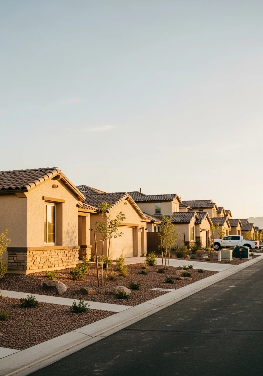 Professional team member on Peoria property with residential homes and community landscaping visible.