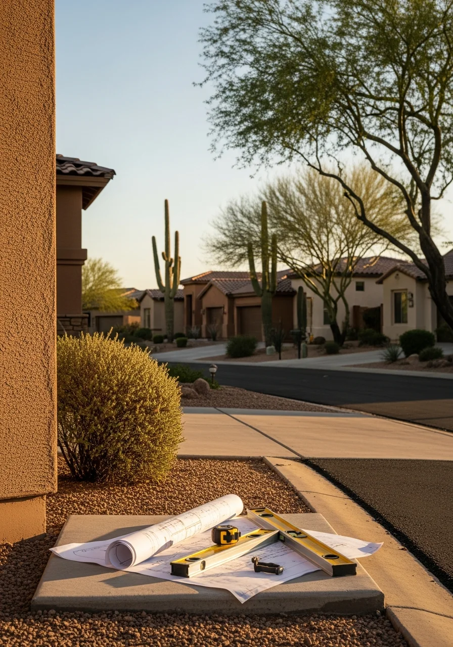 Professional team member standing in Phoenix residential area with modern and traditional homes visible.