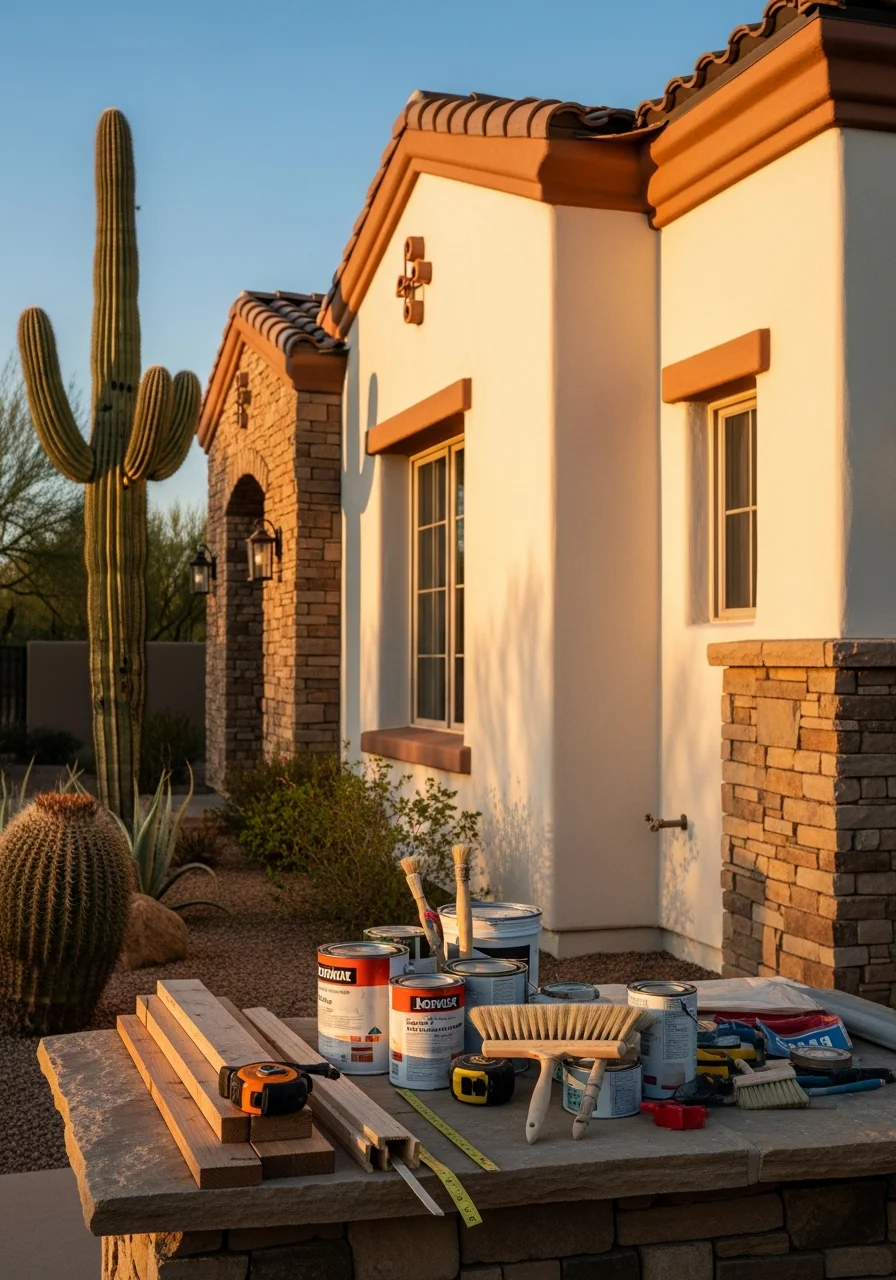 Skilled tradesperson working on Scottsdale home exterior with quality materials and professional setup visible.