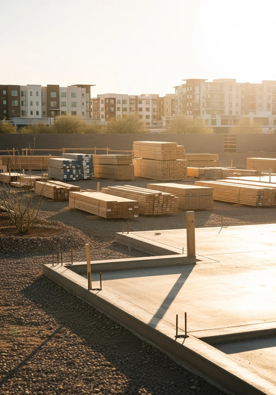 Professional crew member on Tempe property with student housing or residential buildings visible in background.