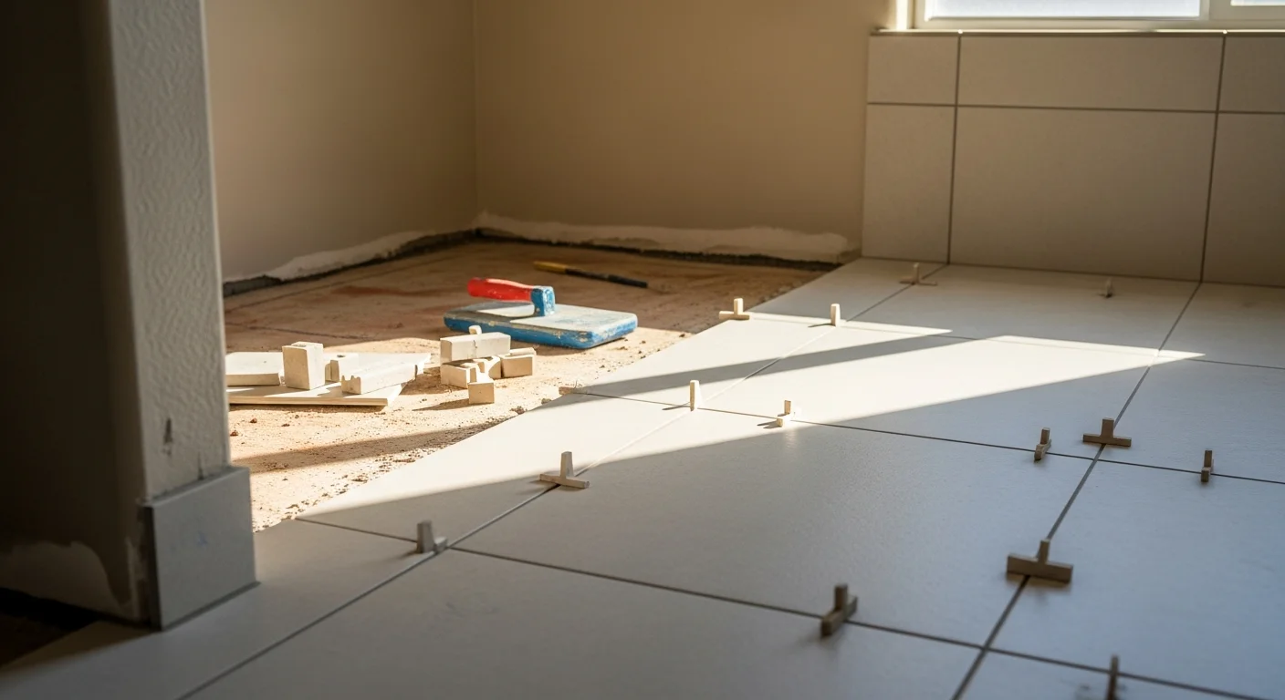 Newly installed moisture-resistant bathroom floor in a Mesa home, showing clean tile-to-threshold transitions and a finished surface around a standard vanity base. The floor reflects a completed professional installation in a mid-size residential bathroom.