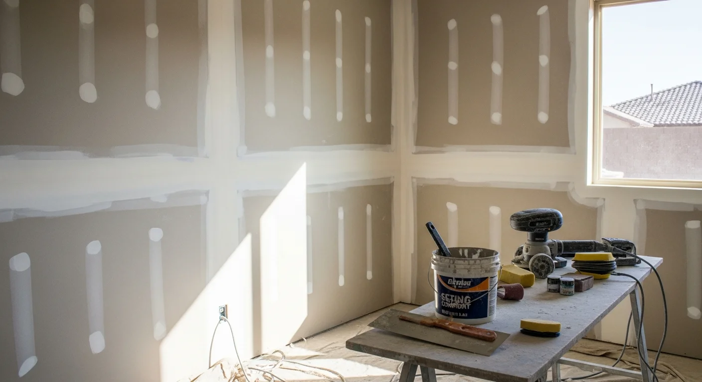 A freshly finished drywall wall inside a Mesa home showing smooth, sanded surfaces with clean taped seams and sharp corner edges ready for paint. A drywall finisher applies joint compound to a ceiling seam in a Mesa residential room addition.