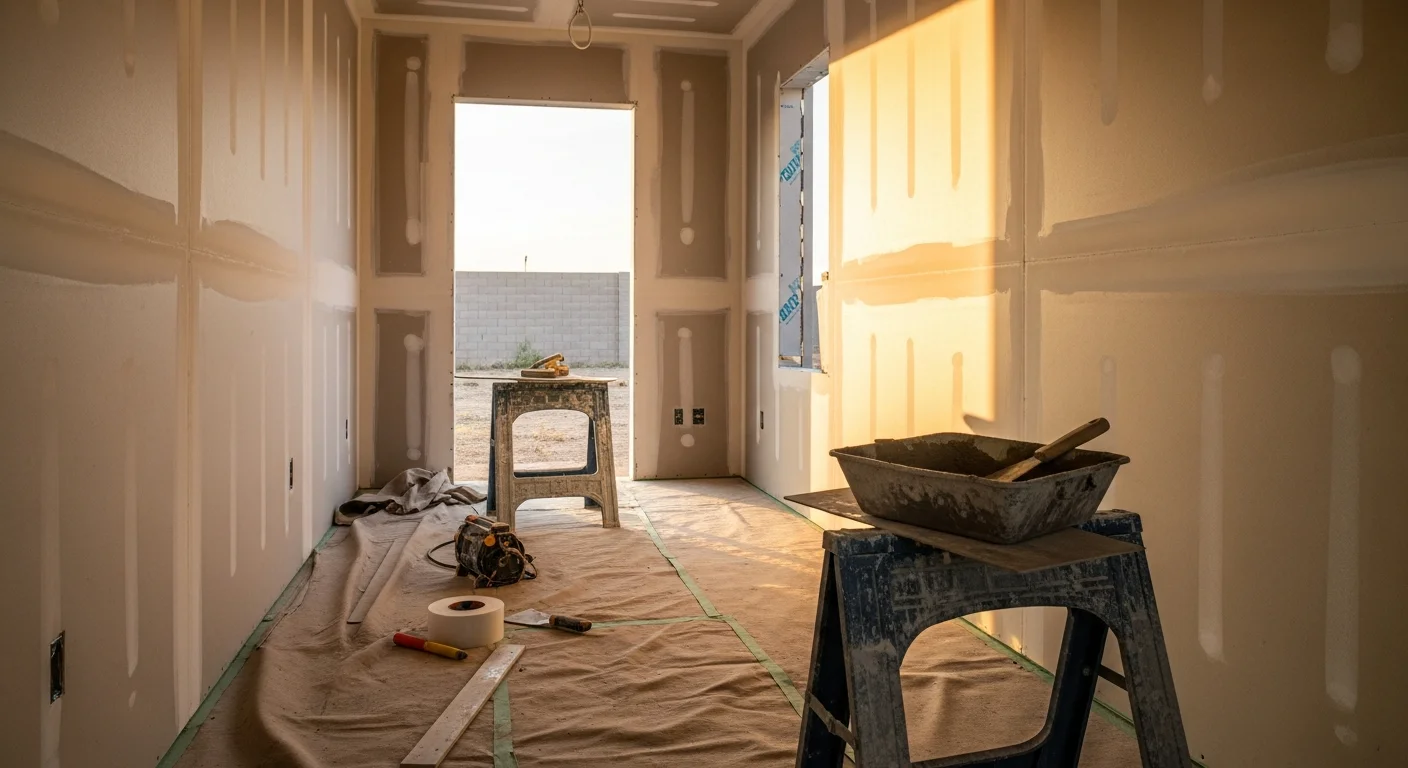 Freshly installed and taped drywall covering the interior walls and ceiling of an unfinished room in a Mesa, Arizona home. The surface is smooth and ready for primer, with clean corner bead along the edges and no visible seams.