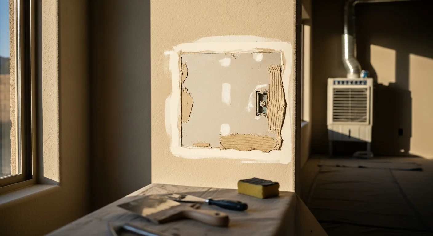 A repaired interior wall in a Mesa, Arizona home showing a smooth, texture-matched patch on a previously damaged drywall surface. The finished repair blends with the surrounding wall and is ready for paint.
