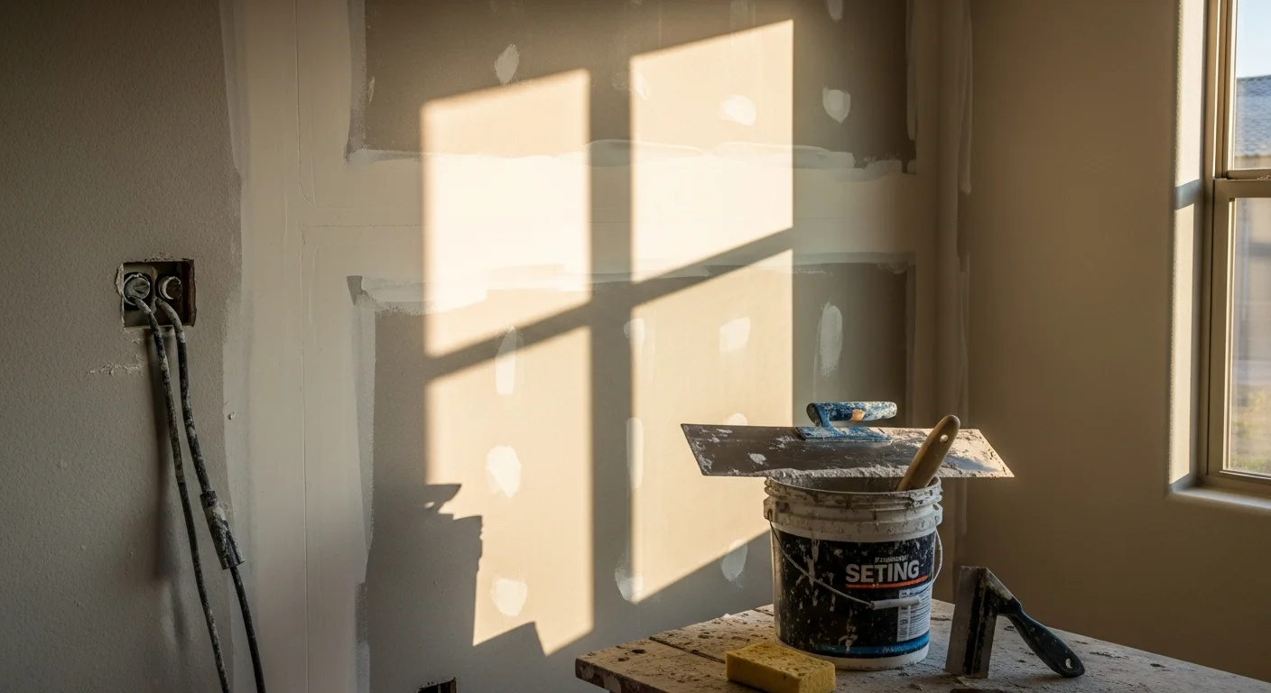 A Mesa interior wall showing freshly taped and mudded drywall seams sanded smooth and ready for paint. A drywall contractor applies a finish coat of joint compound along a ceiling-to-wall corner joint in a Mesa residential room.