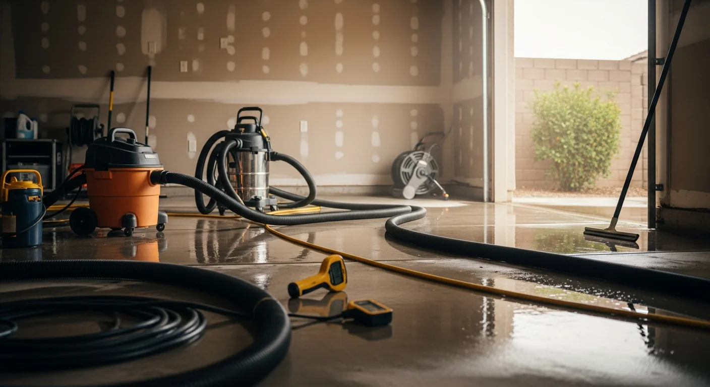 A water-damaged living room in a Mesa home with standing water on hardwood flooring and a technician using an industrial extraction hose to remove flood water near the baseboards.
