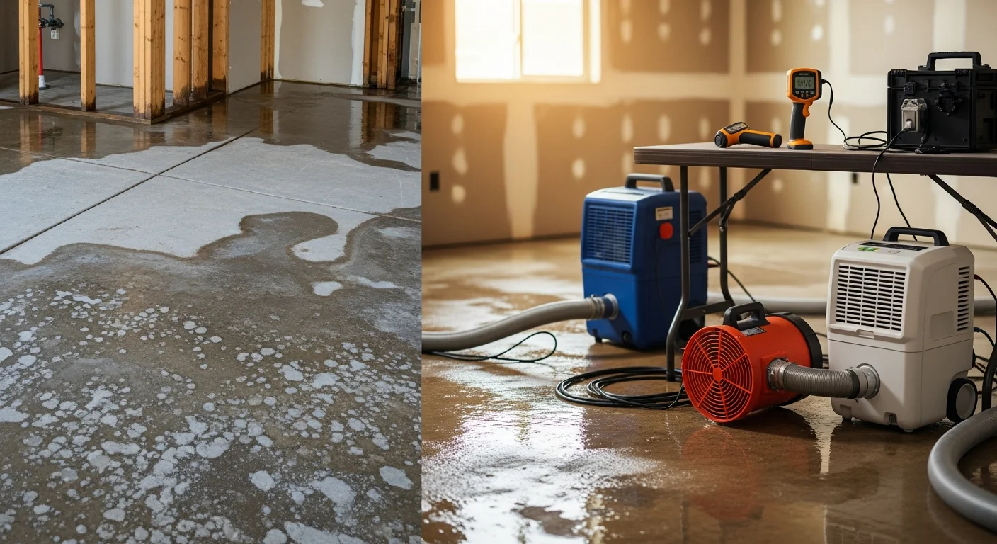 A Mesa, Arizona home interior showing a flood-damaged living room with water-stained flooring and drywall being assessed by a restoration technician using moisture detection equipment. The image shows the early stage of a flood damage restoration project in a single-story residential property.
