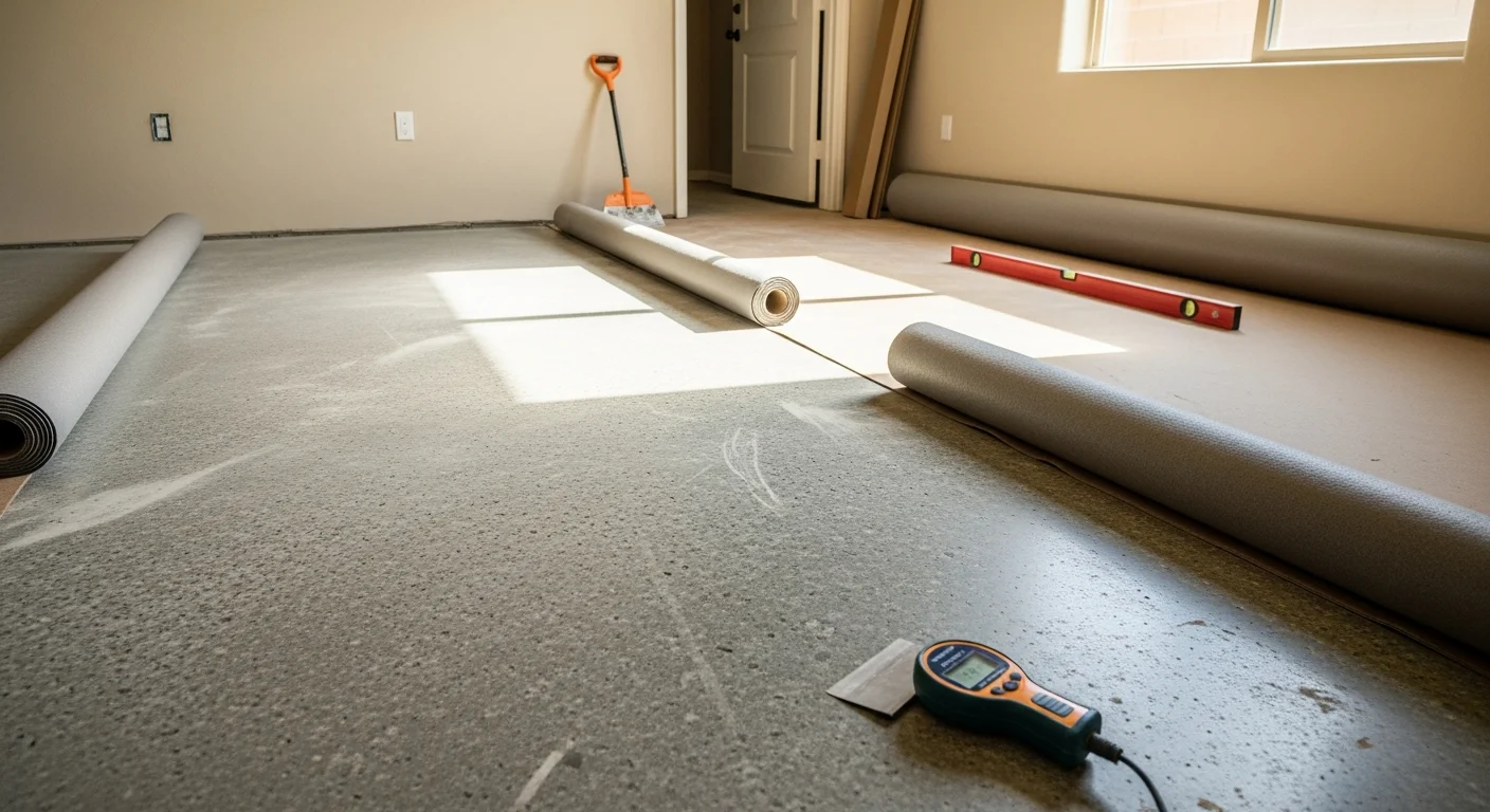 Newly installed flooring in a Mesa, Arizona home with an open floor plan and concrete slab foundation. The finished surface runs continuously from the living area into the hallway, showing clean seams and a level installation.