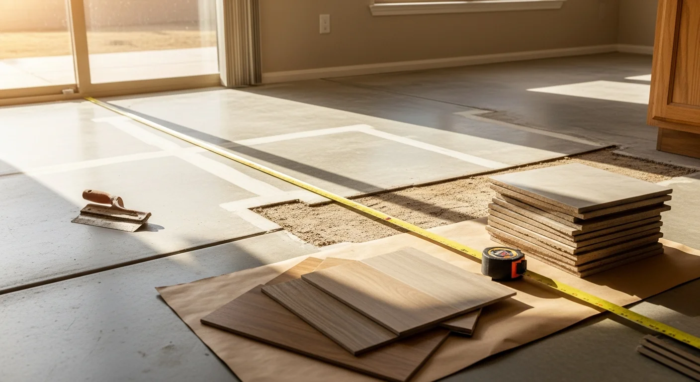 Freshly installed flooring in a Mesa, AZ home with a concrete slab foundation visible at the room threshold. A Black Ridge Contracting LLC crew member inspects the finished surface near a sunlit entryway.