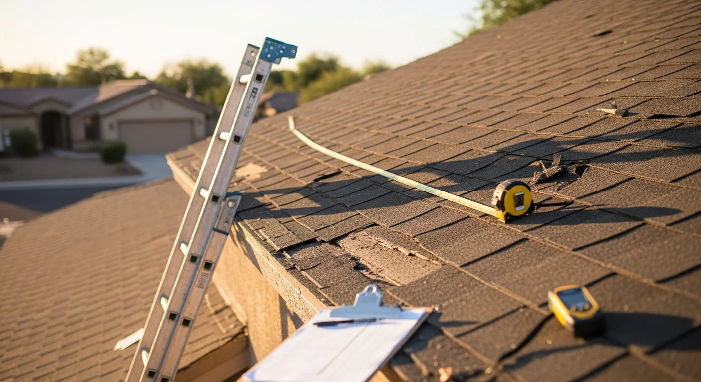 A Mesa home exterior showing storm-damaged roofing and siding being assessed by a contractor after a monsoon event. A licensed general contractor reviews the damage scope on a single-story residential property in Mesa, Arizona.