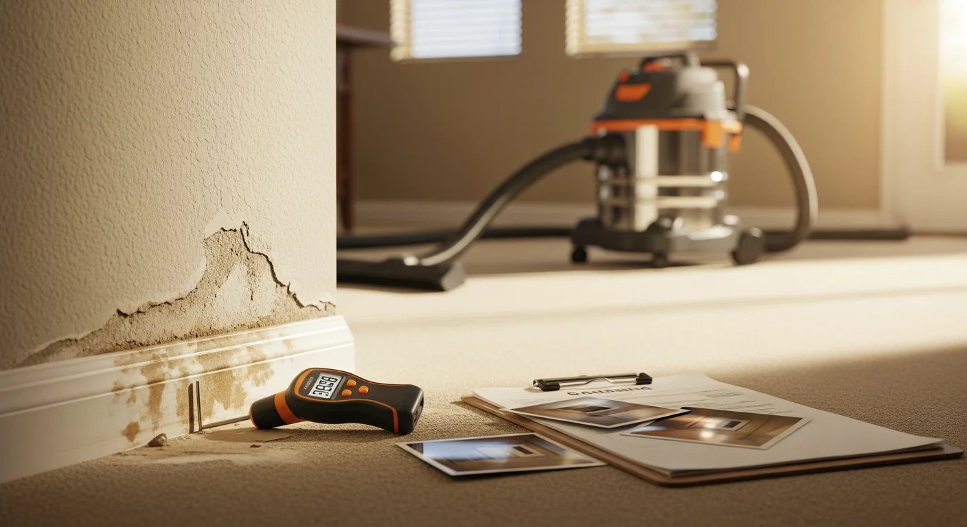 A Mesa home interior showing water-damaged drywall and flooring with moisture readings being documented by a restoration contractor. Claim documentation materials and detection equipment are visible on a work surface nearby.