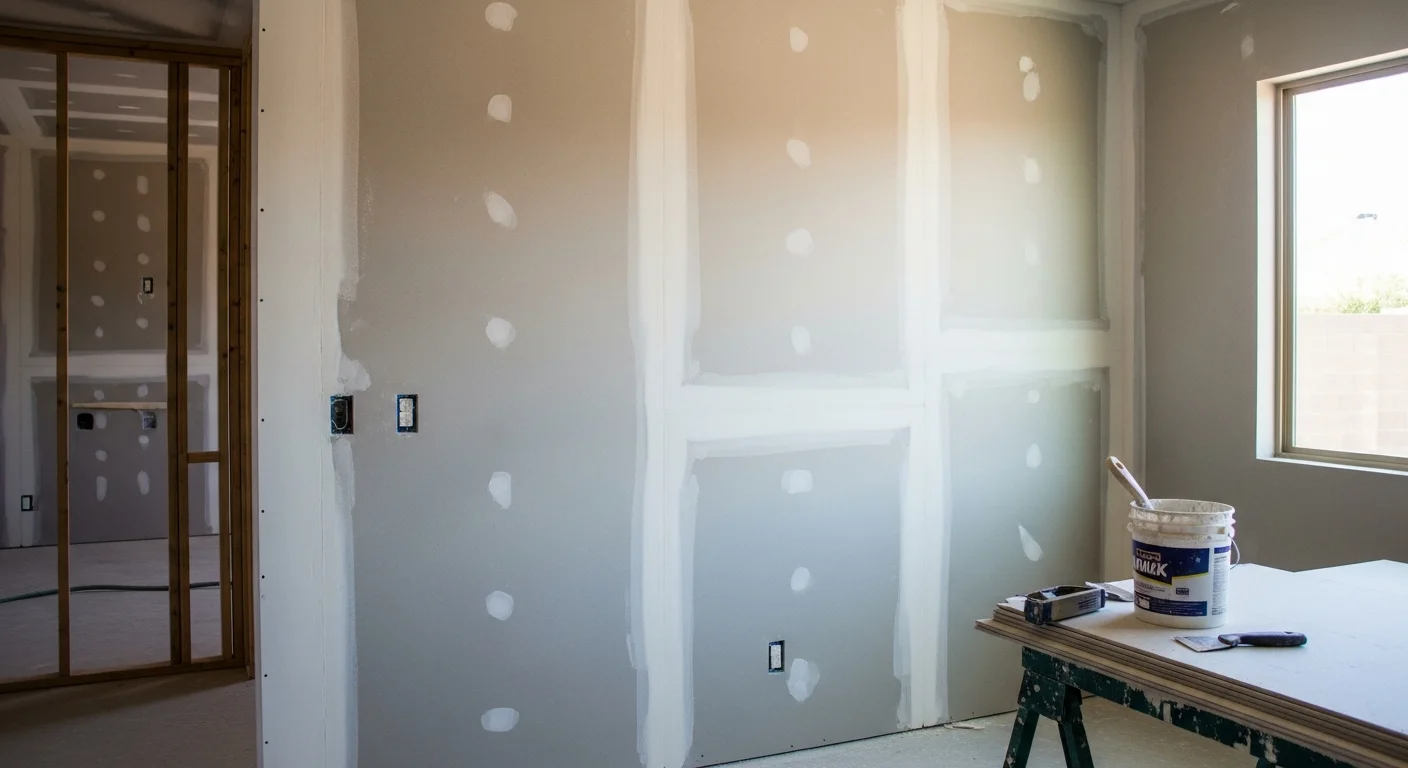 A freshly installed and taped interior drywall wall inside a Mesa home, showing smooth joint lines and a paint-ready surface. The room is a new addition with natural light coming through a window opening in the background.