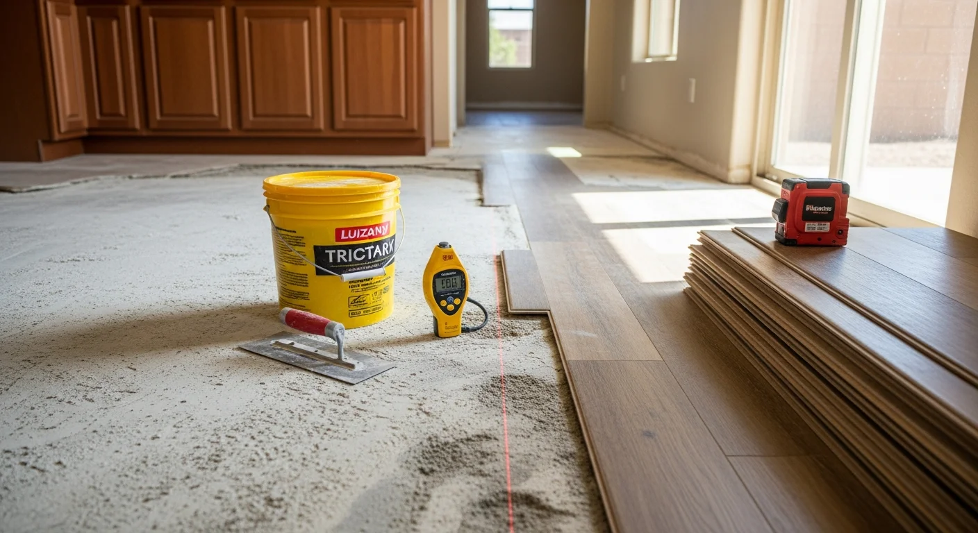 Newly installed kitchen flooring in a Mesa, Arizona home, showing a clean, level surface running from the cabinets to the dining area. The floor reflects natural light from a south-facing window typical of Mesa residential construction.