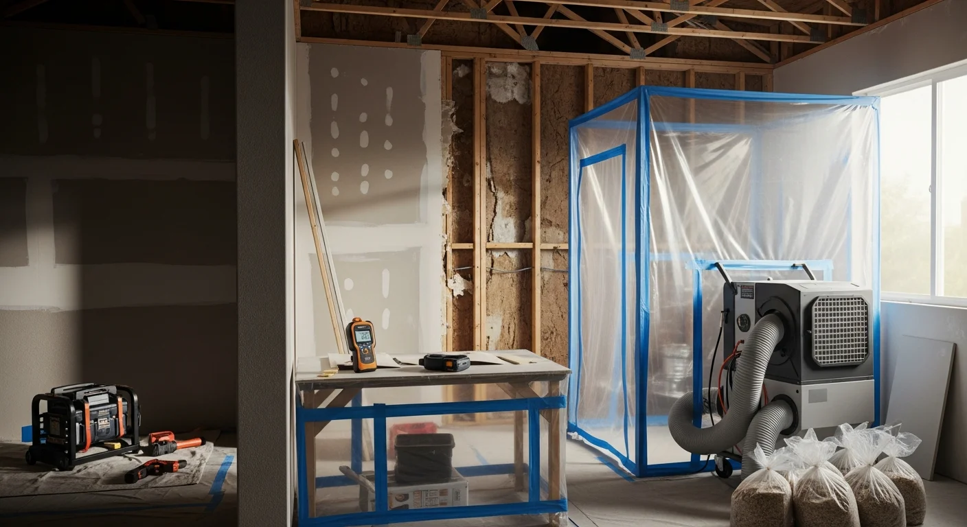 A Mesa home interior showing a remediation technician removing mold-damaged drywall in a water-affected room. Containment plastic and air filtration equipment are visible in the background.
