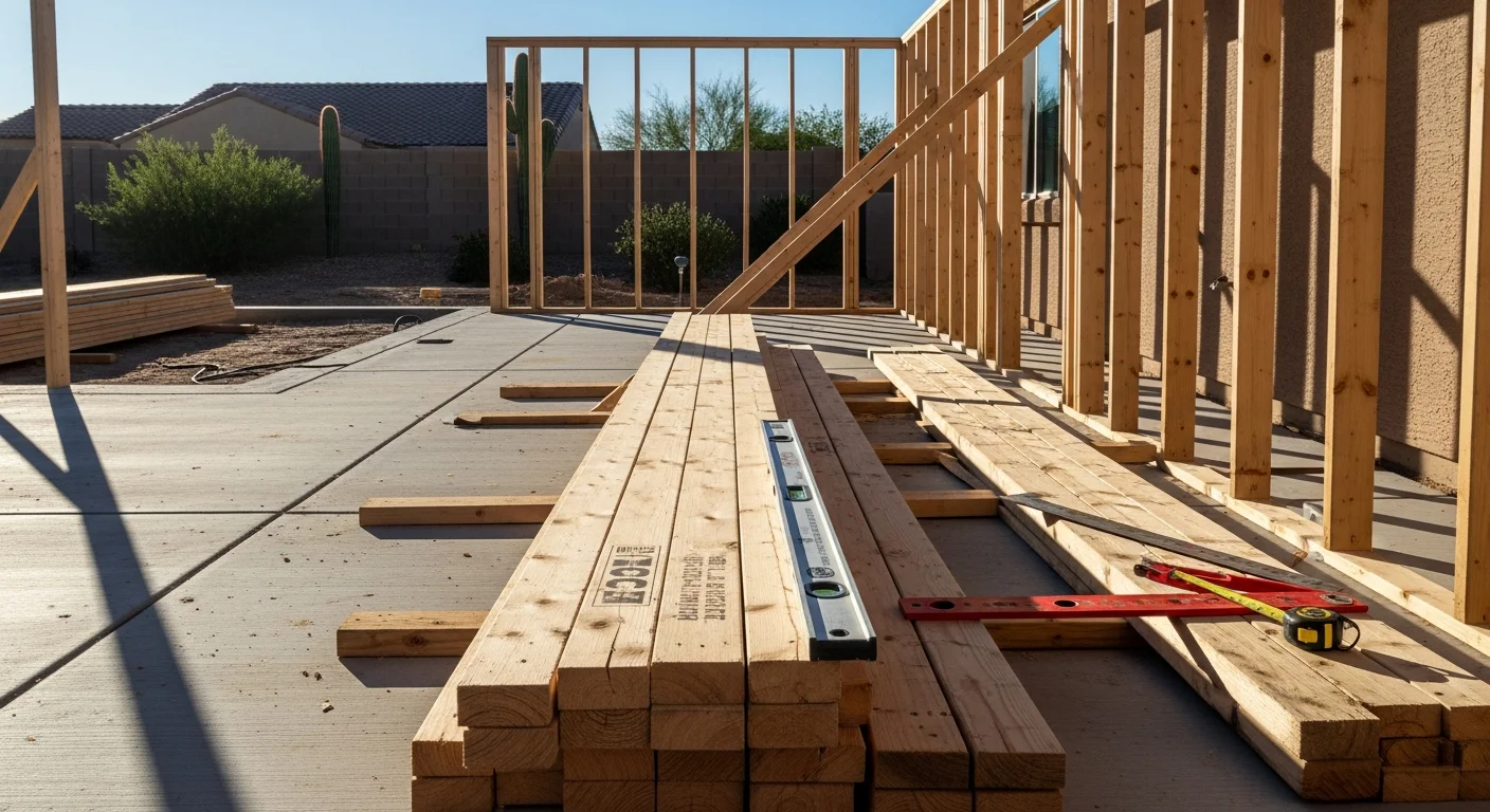 A newly completed room addition on a single-story Mesa, Arizona home, showing a framed and finished exterior that matches the existing roofline and stucco finish. The addition extends from the rear of the home with a visible transition into the original structure.