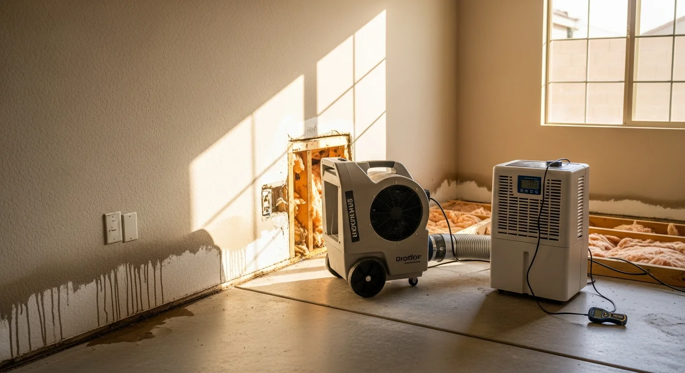 Commercial air movers and dehumidifiers positioned along the base of water-damaged drywall inside a Mesa home during the structural drying process. Moisture readings are being taken on the wall surface to track drying progress after a water intrusion event.