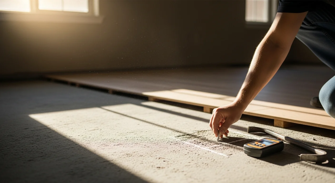 A Mesa home subfloor with a damaged section removed, exposing the concrete slab below, alongside freshly cut replacement panels staged for installation. A flooring contractor examines the repaired area before new finish flooring is laid.