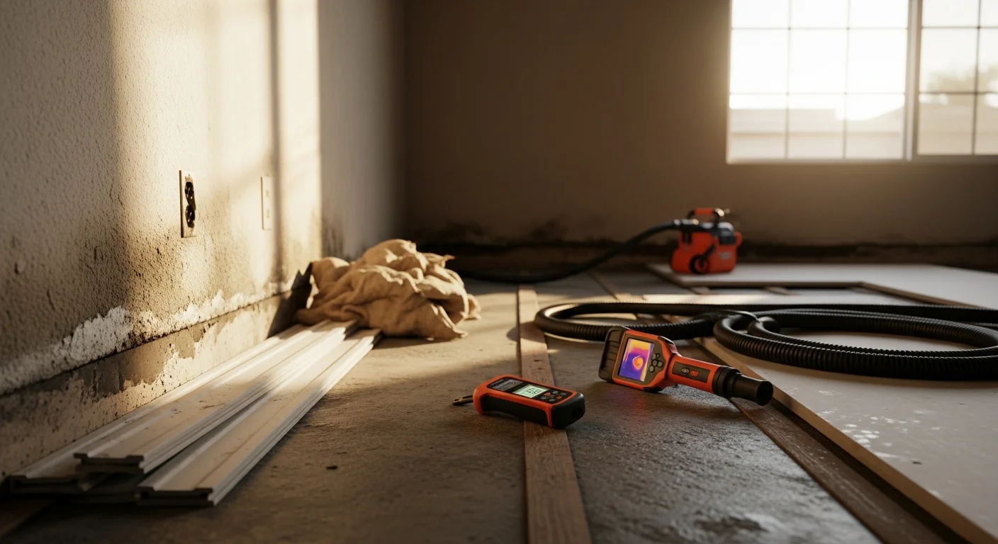 A water damage restoration technician using a moisture meter on a drywall surface inside a Mesa home after a pipe leak. The floor shows water staining and extraction equipment is visible in the background.